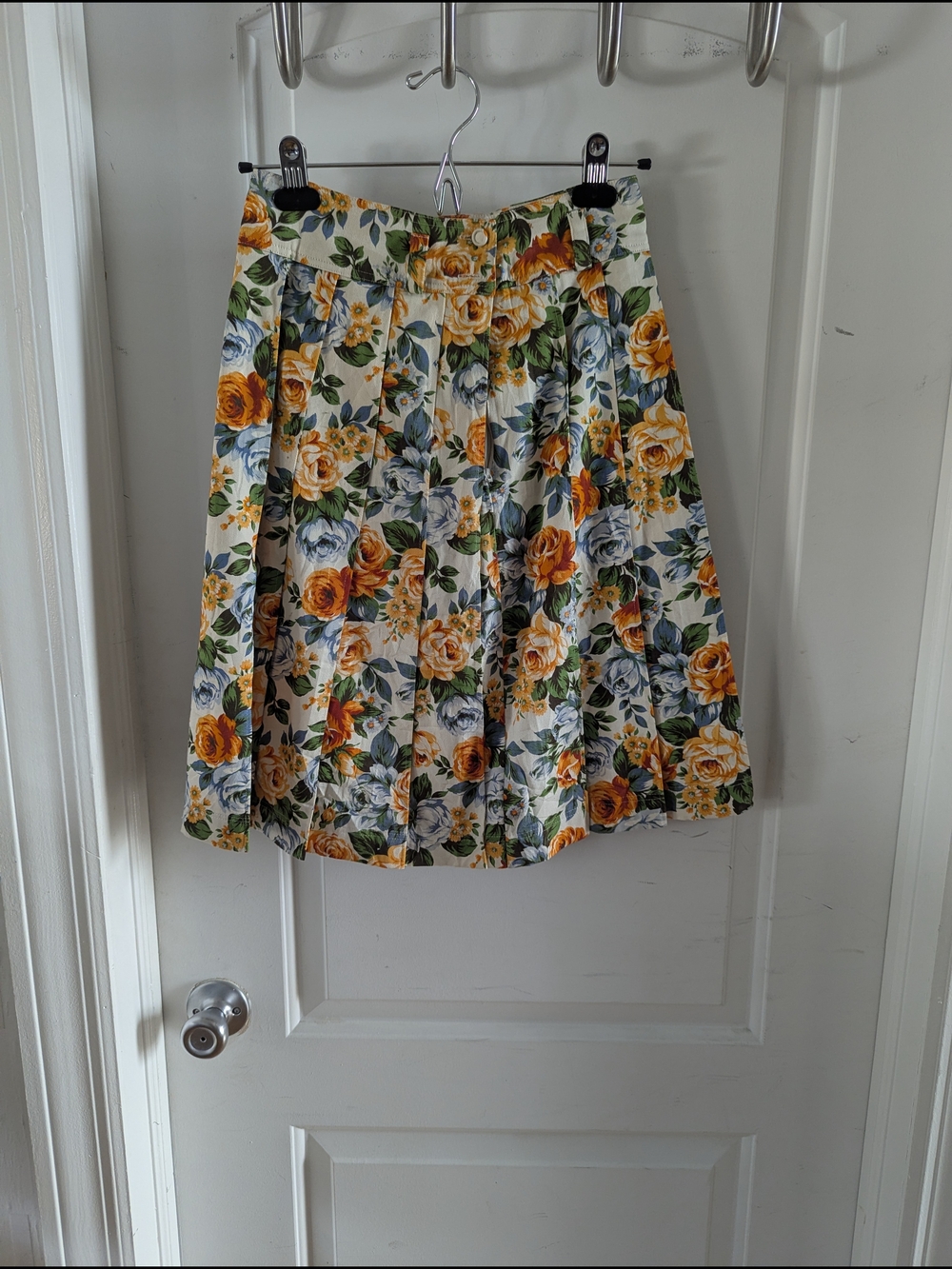 Pleated Floral Skirt - Yellow, Blue & Green Rose Print